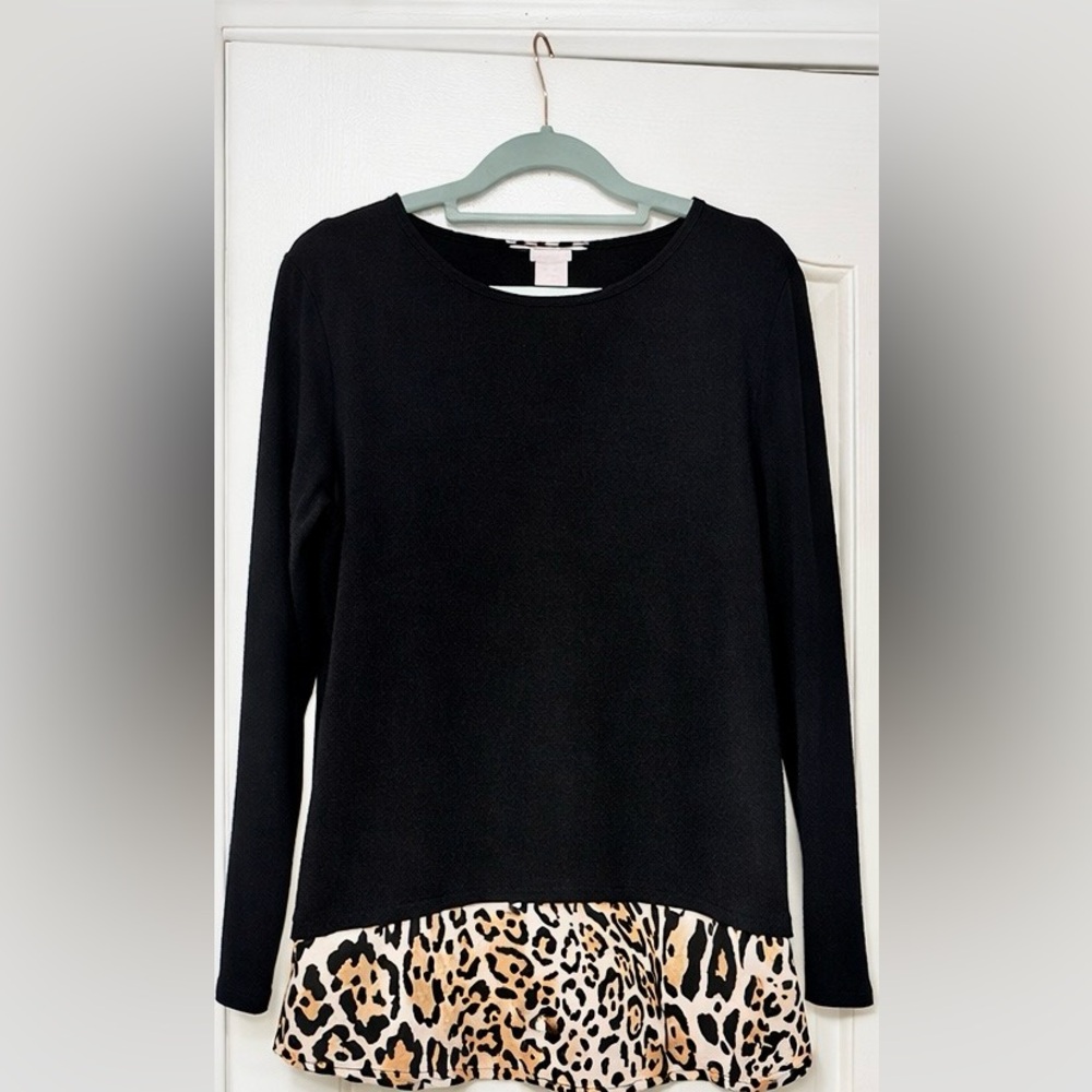 White House Black Market Leopard Hem Mixed Media Top — Black — Women’s Size M